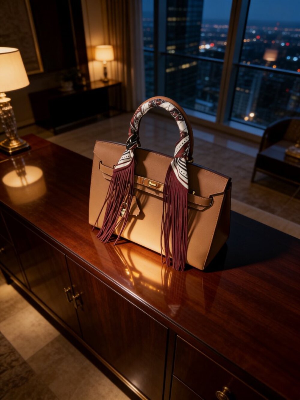 Burgundy Equestrian Purse Handbag Scarf with Fringe - Picture 8 of 10